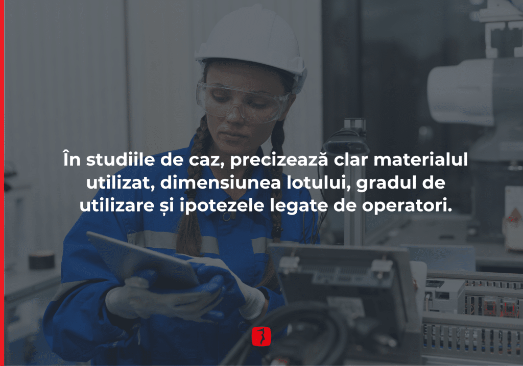 În studiile de caz, precizează clar materialul utilizat, dimensiunea lotului, gradul de utilizare și ipotezele legate de operatori.